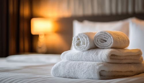 Serviettes blanches roulées sur le lit de l'hôtel-boutique La Maison 1903 à Trévou-Tréguignec, France