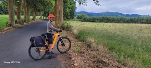 Cyclist with orange e-bike on tree-lined path at Golden Mermaid Villa, Portugal, with mountain views