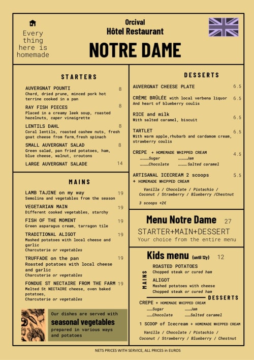 Orcival Hôtel Restaurant Notre Dame menu featuring homemade starters, mains, and desserts with seasonal vegetables.