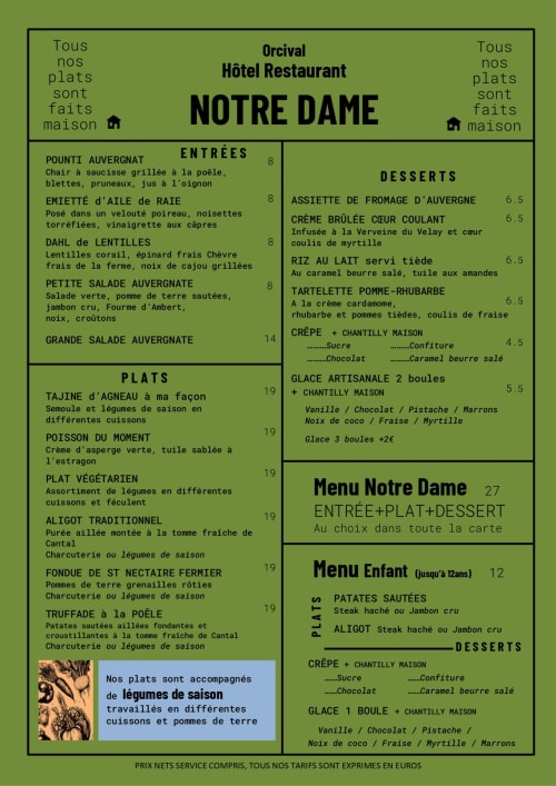 Notre Dame hotel restaurant menu from Orcival featuring French cuisine with entrées, plats, and desserts