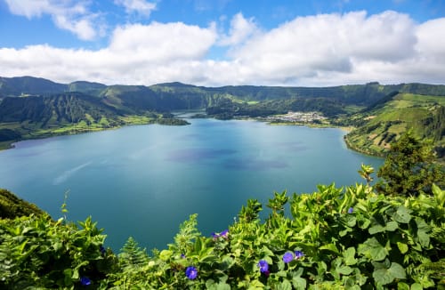 Volcanic crater lake with blue waters, lush green hills, and purple flowers in foreground, Azores Portugal