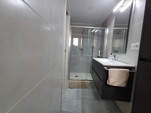 Modern bathroom in Algemesi Home apartment with dark vanity, white basin, mirror, and walk-in shower enclosure