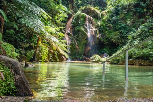 Serene emerald pool surrounded by moss-covered rocks and lush forest at Golden Mermaid Villa, Portugal