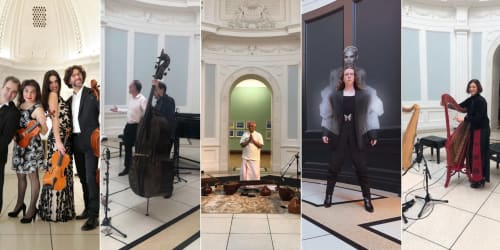 Musicians performing at KGT House hostel in Dublin, showcasing classical instruments and elegant venue spaces