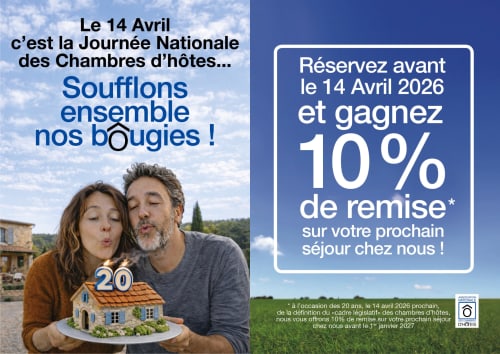 Pareja celebrando el Día Nacional B&B 14 de abril de 2026 en Domaine de l'Ocrerie, Pourrain - Oferta 10% descuento