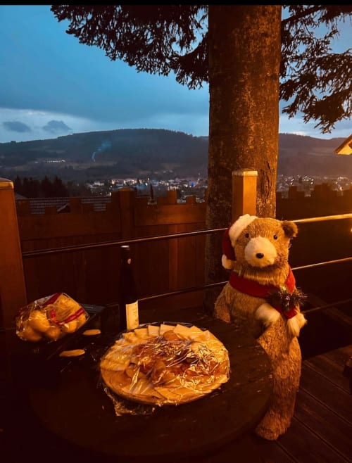 Ours en peluche à la vue panoramique des Cabanes des Marchous, Granges-Aumontzey avec pique-nique et vues sur la vallée