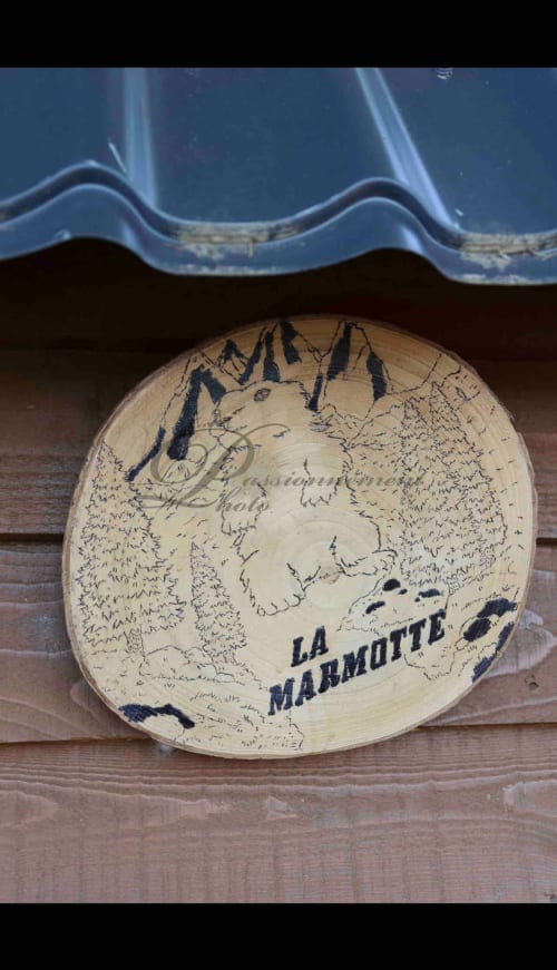 Wooden sign for Cabane Marmotte cottage at Les Cabanes des Marchous, Granges-Aumontzey, featuring marmot illustration