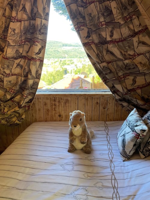 Teddy bear inside Cabane Marmotte cottage at Les Cabanes des Marchous with valley views, Granges-Aumontzey