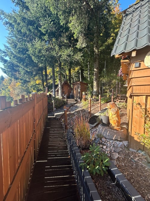 Wooden pathway between cabins at Les Cabanes des Marchous treehouse hotel, surrounded by tall trees in Granges-Aumontzey,