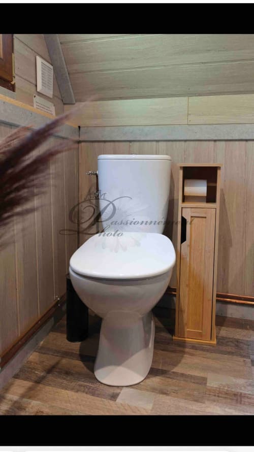 Modern white toilet in wooden cottage bathroom with storage cabinet at Les Cabanes des Marchous, Granges-Aumontzey