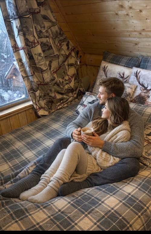 Couple enjoying hot beverages in cozy wooden cottage bedroom with mountain views at Les Cabanes des Marchous