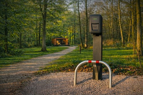 Ladestation für Elektrofahrzeuge im waldigen Garten der Les Lodges de Vaugrigneuse, barrierefreie Unterkunft in Frankreich