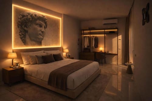 Camera di lusso alle Michelangelo Central Suites Firenze con busto classico illuminato al neon, arredamenti moderni e cabina armadio