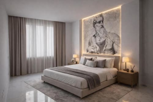 Camera Superior con letto Queen presso le Michelangelo Central Suites di Firenze, con letto moderno, opere d'arte in marmo e illuminazione soffusa
