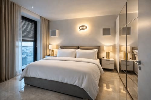 Modern bedroom in HBHALL Garden Apartment, Milano, with queen bed, mirrored wardrobe, garden view balcony, and ambient