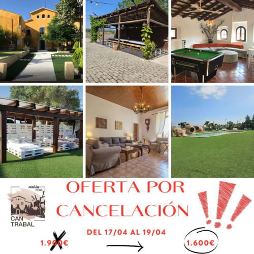 Masías Can Trabal, hotel rural: casa amarilla, piscina, salón, sala de billar, patio. Oferta abril: €1.600 sin cancelación.
