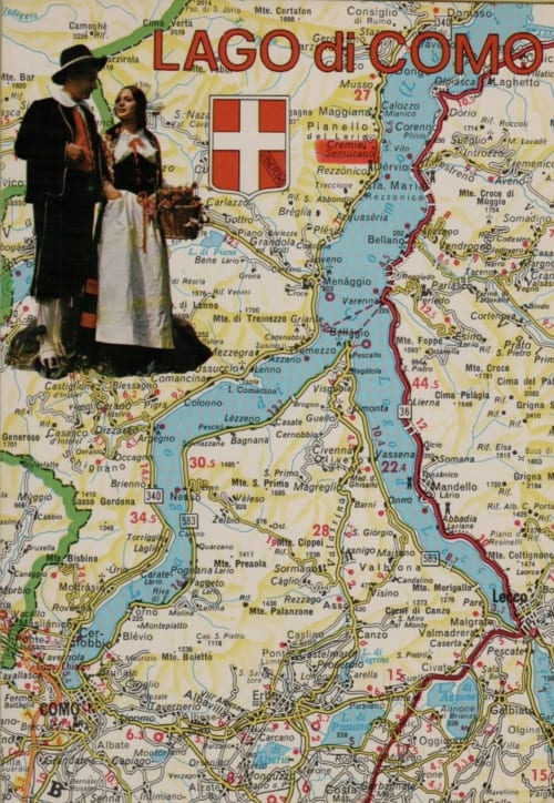 Mappa vintage del Lago di Como con coppia in abito tradizionale italiano, La Dolce Casa B&B a Cremia