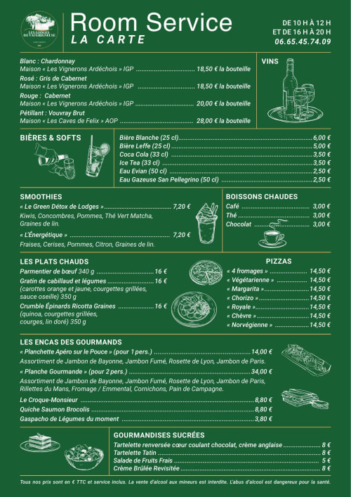 Room Service menu at Les Lodges de Vaugrigneuse: wines, smoothies, hot drinks, pizzas, and gourmet dishes available 10am-12pm
