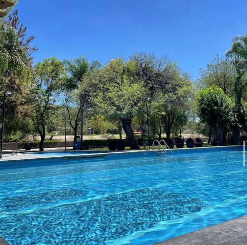 Piscina reluciente rodeada de altos árboles en Hotel El Porvenir, Querétaro, México