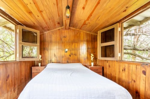 Acogedora habitación de cabaña de madera con ropa de cama blanca en Hotel El Porvenir, Querétaro, con vistas al jardín por grandes ventanales