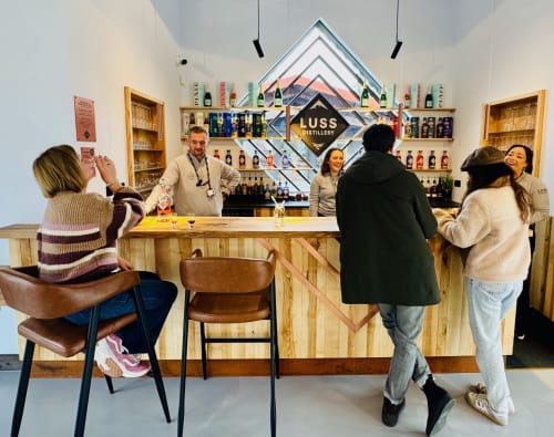 Luss Distillery tasting room bar with staff and visitors enjoying spirits in Alexandria