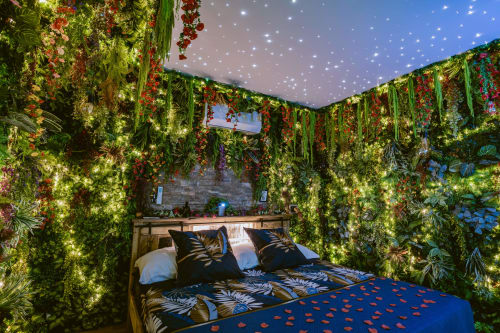 La Chambre Jungle aux Gîtes De Dordogne : chambre de luxe avec murs végétalisés verdoyants, éclairage ambiant, literie bleue