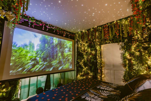 La Jungle Room des Gîtes de Dordogne : murs verts luxuriants, fleurs suspendues, plafond étoilé et grand écran