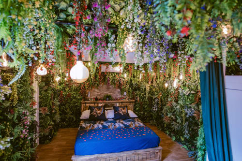 La Jungle Room aux Gîtes De Dordogne : plantes et fleurs luxuriantes, lit bleu, luminaires suspendus et design moderne