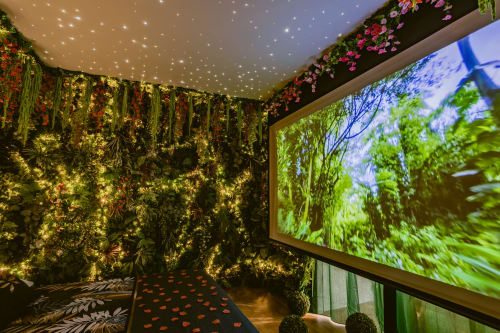La Jungle Room aux Gîtes De Dordogne : plantes suspendues luxuriantes, murs de feuillage illuminés et écran vidéo nature