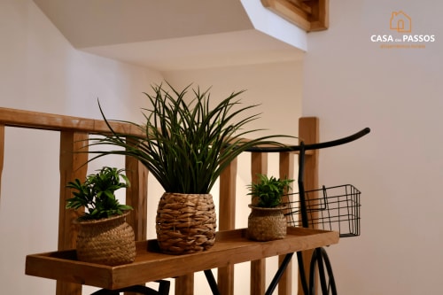 Prateleira de madeira com plantas em vasos em cestos tecidos no apartamento Casa Dos Passos em Guarda, Portugal