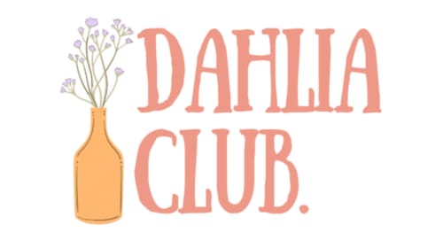 Logo du Dahlia Club avec fleurs violettes dans un vase jaune pour Domaine de Bize Mirepoix