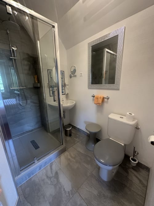 Salle de bain moderne avec douche, lavabo, toilettes et miroir au Relais Du Destin, un gîte français à Vertrieu