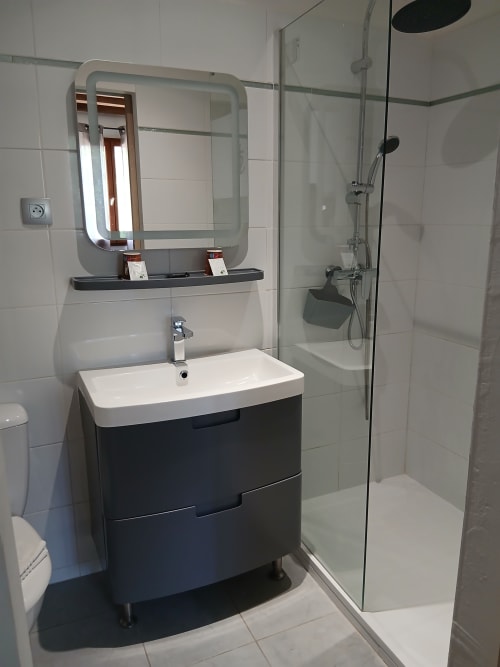 Salle de bains moderne du Mas d'Alivon à Arles avec vasque noire, lavabo blanc, miroir illuminé et douche à l'italienne