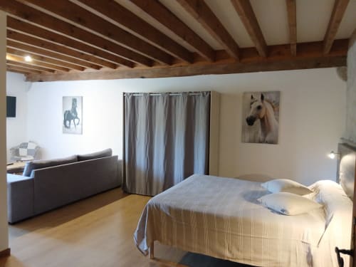 Spacieuse suite familiale au Mas d'Alivon à Arles avec poutres apparentes, lit, canapé et décor équestre