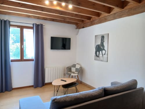 Salon moderne au Mas d'Alivon à Arles avec TV écran plat, coin détente et poutres en bois