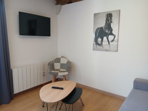 Chambre familiale moderne au Mas d'Alivon à Arles avec TV écran plat, table en bois, chaise à motifs et tableau de chevaux