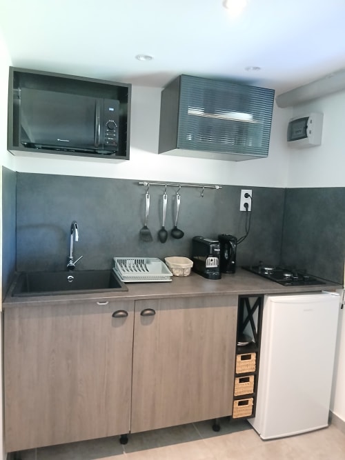 Kitchenette moderne dans la Cabane 1 du Mas d'Alivon, Arles, équipée d'un microonde, plaque de cuisson, évier et appareils compacts