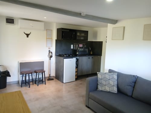 Studio moderne au Mas d'Alivon à Arles avec kitchenette, canapé, coin repas et poutres apparentes grises