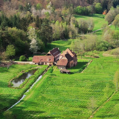 Paulusmühle B&B niché dans une vallée verdoyante avec ruisseau, Soucht, France - bâtiments de moulin traditionnel entourés de pâturages
