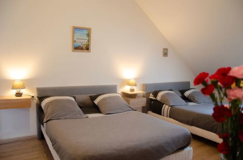 Chambre lumineuse aux Relais-Orbigny avec lit double, lit twin, vue sur jardin et fleurs rouges à Orbigny, France
