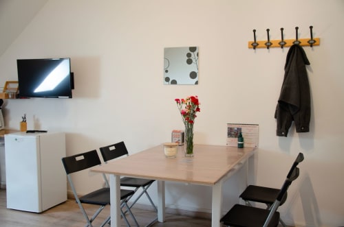 Studio moderne aux Relais-Orbigny avec table à manger, chaises noires, TV murale et fleurs rouges à Orbigny