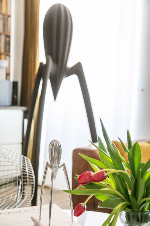Cadre de repas contemporain à l'Alombre BnB à Lectoure avec chaise sculptée, tulipes rouges et vue sur la montagne