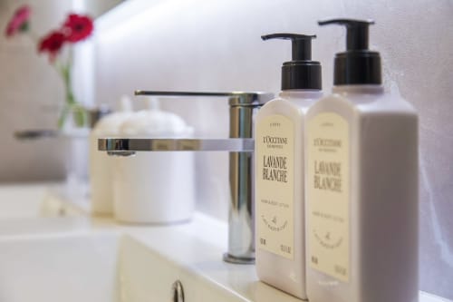Équipements de salle de bain haut de gamme dans l'appartement L'Alcôve du gîte Alombre à Lectoure, France