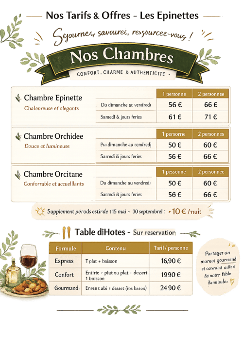 Tarifs Les Épinettes : Chambre Épinette 56-71€, Orchidée 50-66€, Orcitane 50-66€. Menus table d'hôtes