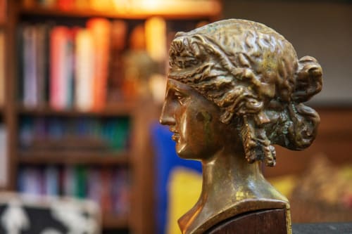 Bronze bust sculpture in library at Alombre B&B, Lectoure, France