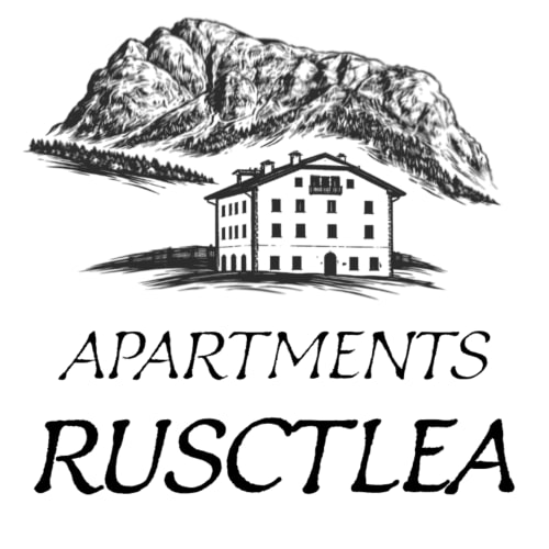 Rustclea Apartments Logo mit Alpenhütte und schneebedeckten Bergen in Selva di Valgardena