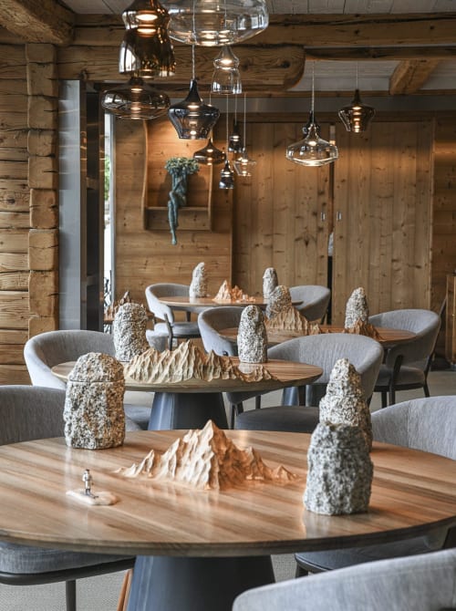 Salle à manger alpine contemporaine au Clos du Lac avec centres de table en pierre et luminaires suspendus en verre