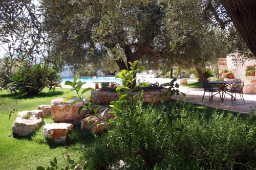Rigoglioso giardino con ulivi, sedute in pietra e piscina presso il B&B Trulli Boccadoro in Puglia