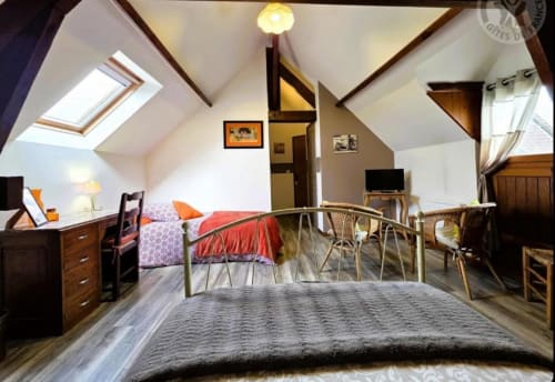 Spacious attic bedroom at Ferme de la Forterie with two beds, wooden beams, skylight, desk area, and garden views