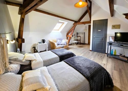 Spacious attic bedroom at Ferme de la Forterie with exposed beams, two beds, seating area, flat-screen TV, and skylight